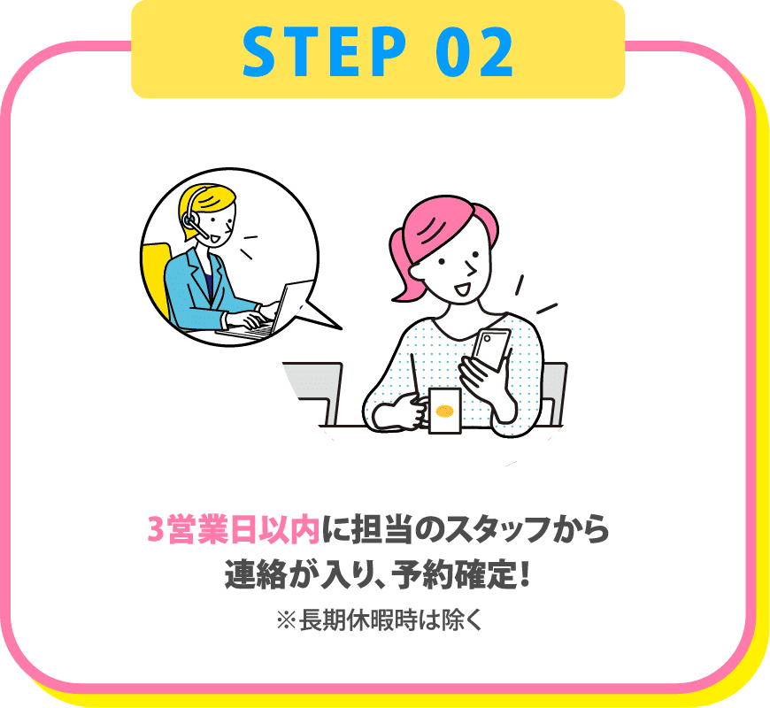 3営業日以内に担当のスタッフから連絡が入り、予約確定！